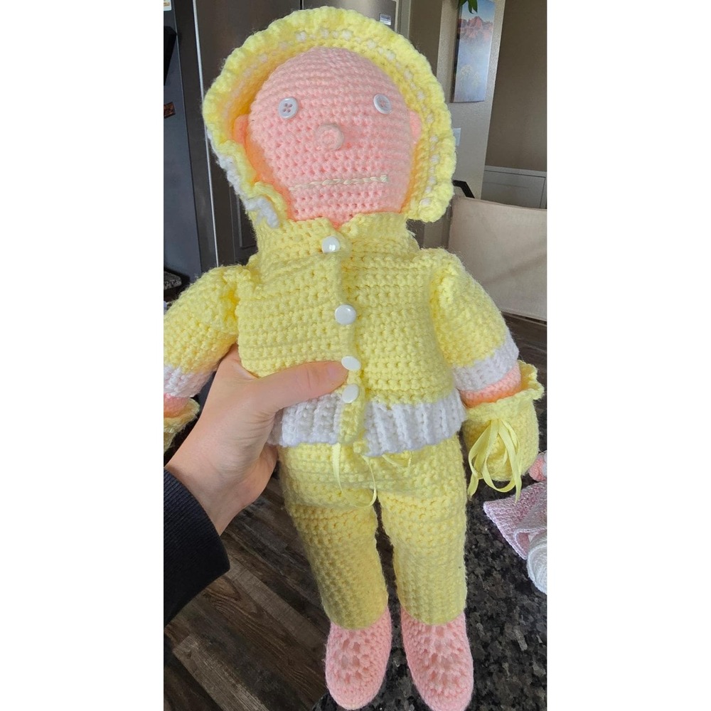 Handmade Crochet Baby Doll Yellow Hooded Outfit Plush Folk Cottagecore